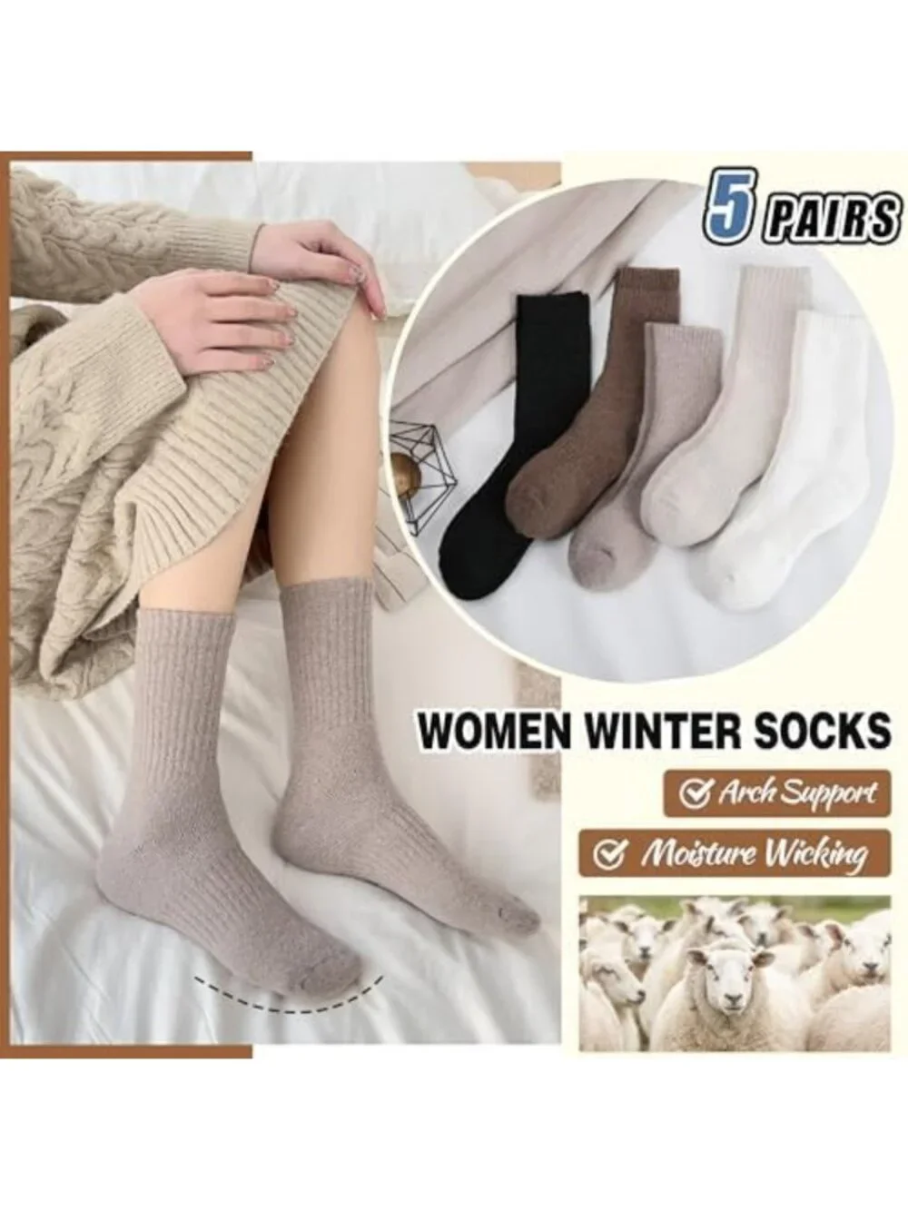 Cozy Merino Wool Boot Socks for Women - 5 Pairs Warm Thermal Hiking Crew Socks